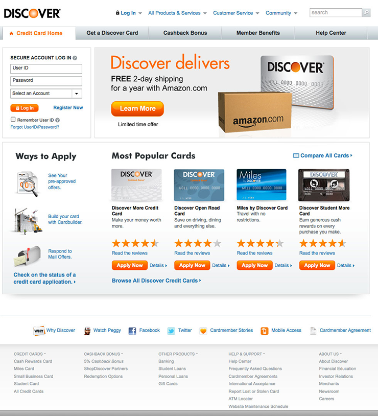 Discover Card and amazon offer marquee page